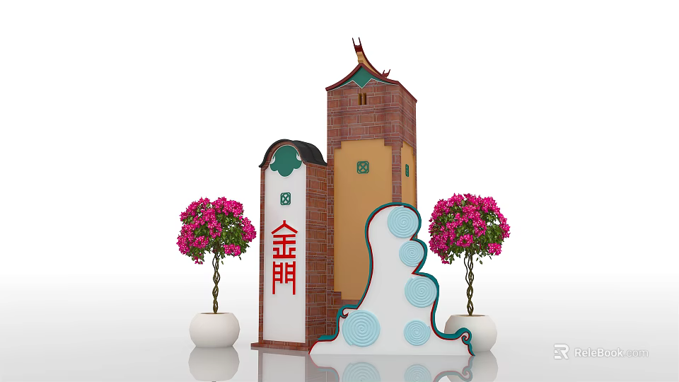 Traditional Jinmen Architectural Structure with Tower Design Pink Flowering Trees and Decorative Elements 3d model 