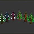 Six Green Pine Trees With Snow Covered Tops And Brown Trunks On Gray Background