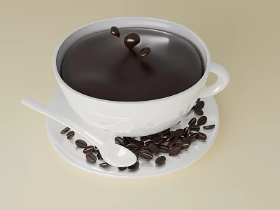 Hot Coffee Drink In White Cup With Dark Liquid Drops Coffee Beans And Spoon 3d model