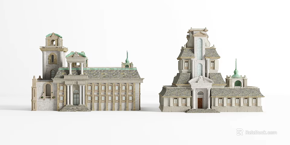 European Architecture Detailed Models With Classical Design Ornate Roofs Arched Windows And Decorative Columns 3d model 