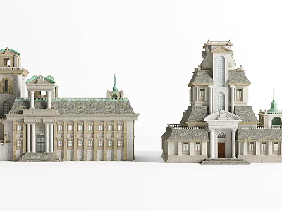 European Architecture Detailed Models With Classical Design Ornate Roofs Arched Windows And Decorative Columns 3d model