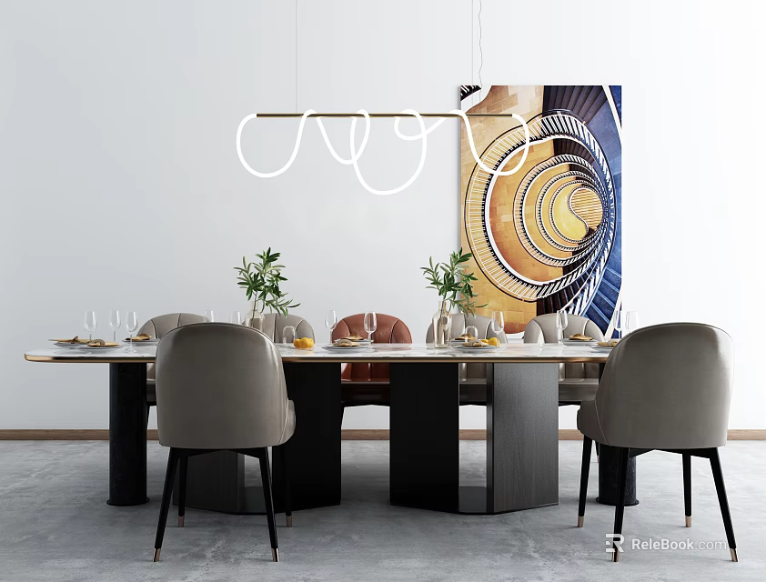 Modern Dining Table Set With Chairs Hanging Light Decorative Items And Abstract Wall Art 3d model