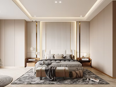 Modern Bedroom Interior With Sleek Headboard Wall Nightstands Area Rug Wardrobes And Recessed Lighting 3d model
