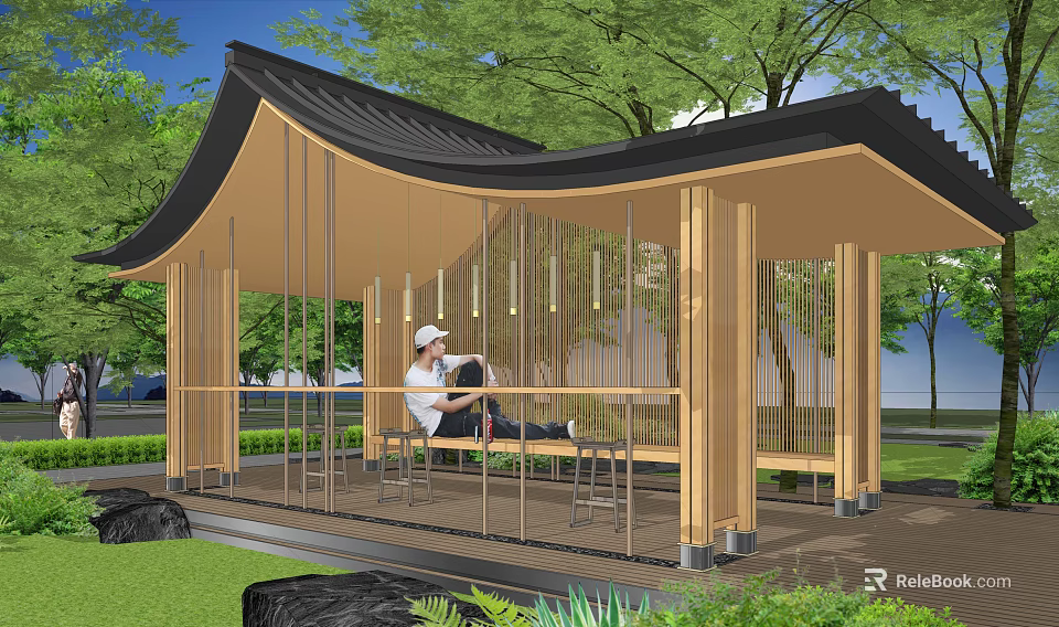 Garden Landscape With Modern Wooden Pavilion Black Roof Green Trees And Seated Person 3d model 
