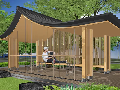 Garden Landscape With Modern Wooden Pavilion Black Roof Green Trees And Seated Person 3d model