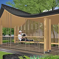 Garden Landscape With Modern Wooden Pavilion Black Roof Green Trees And Seated Person