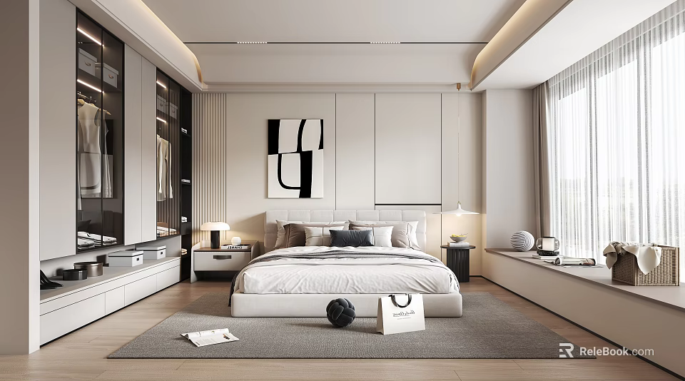 Modern Bedroom Interior Design With Large Bed Nightstands Abstract Wall Art And Soft Carpet 3d model 