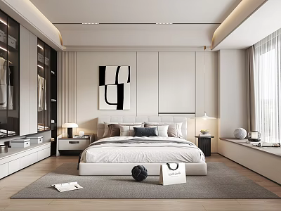 Modern Bedroom Interior Design With Large Bed Nightstands Abstract Wall Art And Soft Carpet 3d model