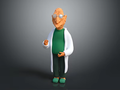 Cartoon Game Movie Character With Bald Head Glasses White Lab Coat And Green Outfit 3d model