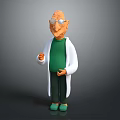 Cartoon Game Movie Character With Bald Head Glasses White Lab Coat And Green Outfit