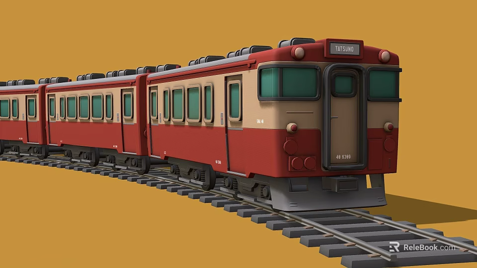 Red and Beige Train with Multiple Carriages Moving on Railroad Tracks 3d model 