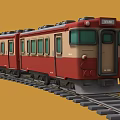 Red and Beige Train with Multiple Carriages Moving on Railroad Tracks 3d model