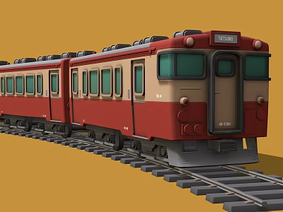Red and Beige Train with Multiple Carriages Moving on Railroad Tracks 3d model