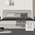 Modern Double Bed with Grey Headboard Decorative Pillows Striped Blanket Nightstands and Wall Art