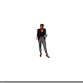 Woman In Black Blazer Black Top Gray Plaid Pants Holding Tablet With Dark Background
