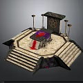 Mystical Ceremonial Altar Scene With Stone Platform Steps Purple Cloth And Golden Candelabras