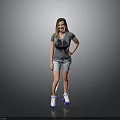 Woman standing in gray t-shirt and denim shorts with purple roller skates on reflective floor