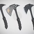 Three Battle Axe Designs With Black Handles And Metal Blades 3d model
