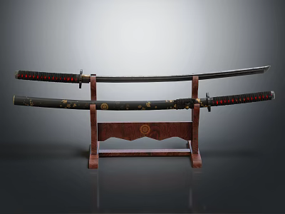 Traditional Japanese Katana Swords On Wooden Stand With Black Scabbard Red Accents And Gold Patterns 3d model