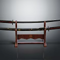 Traditional Japanese Katana Swords On Wooden Stand With Black Scabbard Red Accents And Gold Patterns