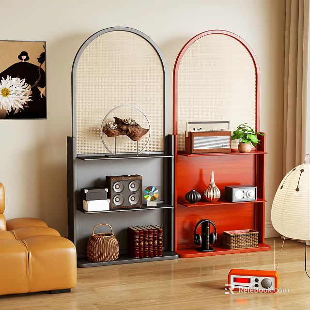 Two Tone Frame Room Divider With Open Shelves And Decorative Items In Living Room 3d model 