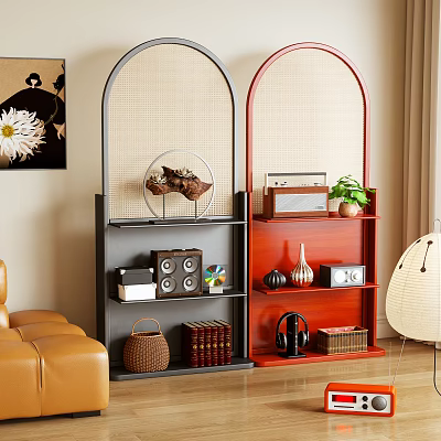 Two Tone Frame Room Divider With Open Shelves And Decorative Items In Living Room 3d model