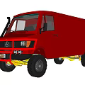 Red Mercedes Van With Off Road Tires And Yellow Bumper
