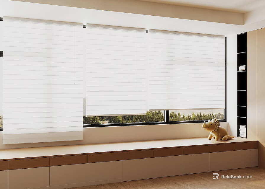 White Window Blinds Brightening Interior With Wooden Seat And Green View 3d model 