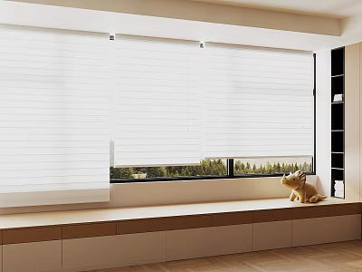 White Window Blinds Brightening Interior With Wooden Seat And Green View 3d model