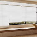 White Window Blinds Brightening Interior With Wooden Seat And Green View