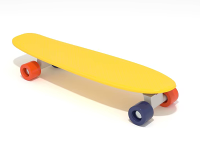 Yellow Plastic Skateboard With Red And Blue Wheels For Kids Or Casual Riding 3d model