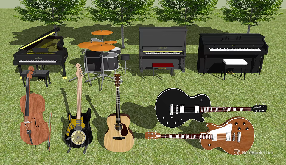 Various Musical Instruments Collection Grand Upright Pianos Drum Set Guitars Cello Display on Green Grass 3d model 