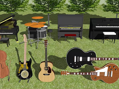 Various Musical Instruments Collection Grand Upright Pianos Drum Set Guitars Cello Display on Green Grass 3d model