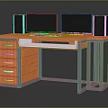 Modern Office Desk With Wooden Top Metal Frame Five Drawers Dual Monitors Speakers And Keyboard