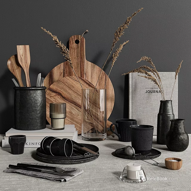 Stylish Kitchen Utensils With Wooden Cutting Board Spoons Black Mugs And Dried Plants 3d model 