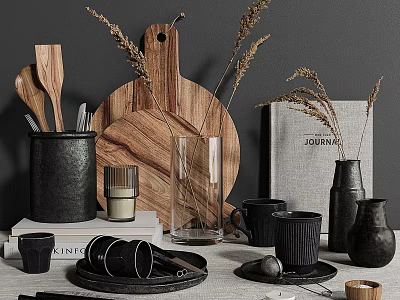 Stylish Kitchen Utensils With Wooden Cutting Board Spoons Black Mugs And Dried Plants 3d model