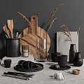 Stylish Kitchen Utensils With Wooden Cutting Board Spoons Black Mugs And Dried Plants