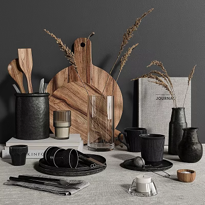 Stylish Kitchen Utensils With Wooden Cutting Board Spoons Black Mugs And Dried Plants 3d model