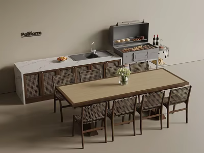 Outdoor Dining Table Set with Wicker Chairs Built in Grill Sink and Flower Vase 3d model