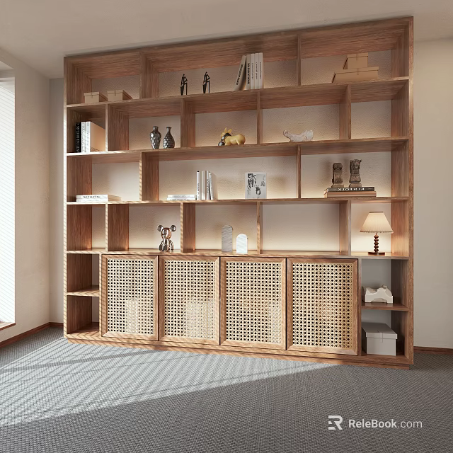 Modern Natural Wood Bookcase With Open Shelves Rattan Door Cabinets And Decorative Figurines 3d model 