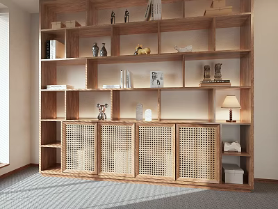 Modern Natural Wood Bookcase With Open Shelves Rattan Door Cabinets And Decorative Figurines 3d model
