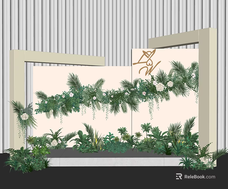 Lush Floral Installation With Greenery Hanging Vines White Flowers And Decorative Backdrop Panel 3d model 