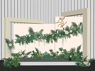 Lush Floral Installation With Greenery Hanging Vines White Flowers And Decorative Backdrop Panel 3d model