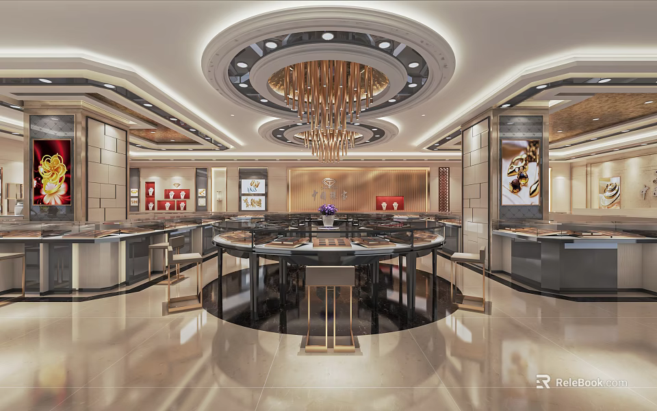 Luxury Jewelry Store Interior Design With Circular Chandelier Glass Display Cases And Marble Floors 3d model 