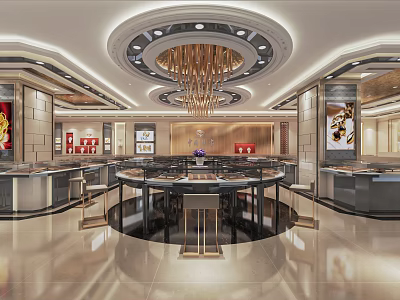Luxury Jewelry Store Interior Design With Circular Chandelier Glass Display Cases And Marble Floors 3d model