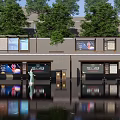 Modern Bus Station Exterior With Digital Billboards Pedestrians And Tree Reflections