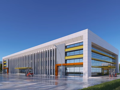 Modern Industrial Factory Building With White Exterior Large Glass Windows Yellow Strips And Forklift Vehicles 3d model