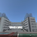 Modern School Building With Connected Wings Glass Curtain Walls Spacious Entrance Plaza Under Blue Sky
