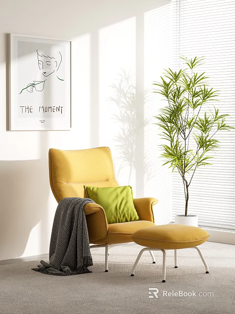 Bright Yellow Single Sofa with Green Pillow Gray Blanket Ottoman and Nearby Plant by Window 3d model 