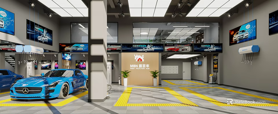 Car Showroom with Displayed Car Models Blue Car and Yellow Guide Lines 3d model 